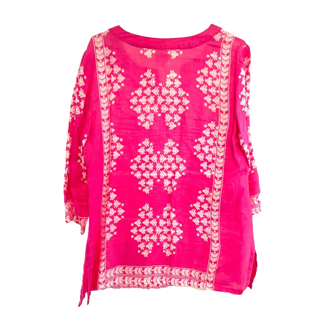 JM Collection top Large 100% linen pink Rhinestone embellish Boho Peasant Hippie - Picture 4 of 7